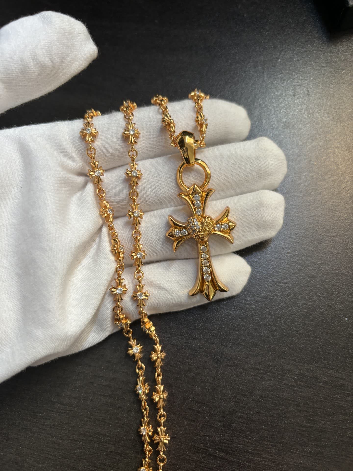 Chrome Hearts Gold Cross Pendant with Gemstones